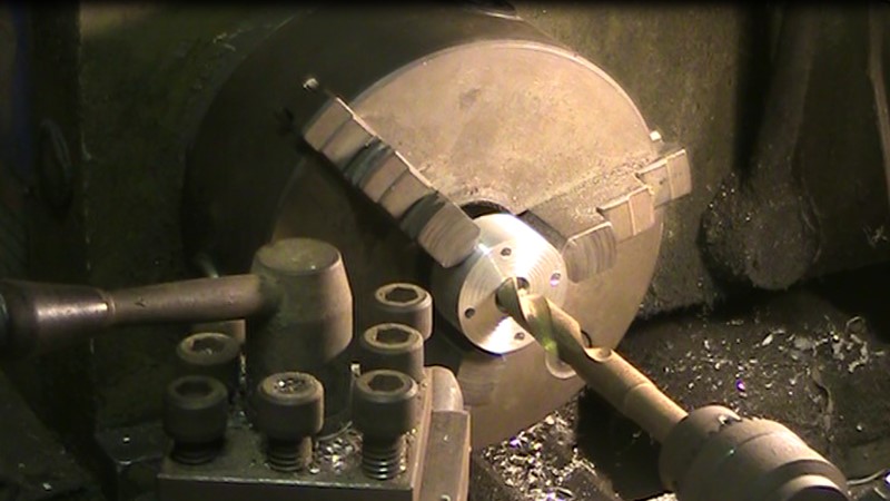 engineer's lathe with aluminium workpiece in chuck